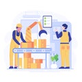 Warehouse workers working on production line. Warehouse workers making cardboard boxes. Vector illustration
