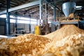 Production of biocombustible biomass wood pellet at the plant. Agricultural, forestry wood waste is converted into fuel for