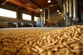 Production of biocombustible biomass wood pellet at the plant. Agricultural, forestry wood waste is converted into fuel for Royalty Free Stock Photo