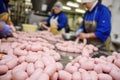 Production of boiled sausages and smoked sausage at a meat factory Royalty Free Stock Photo