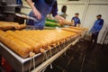 Production of boiled sausages and smoked sausage at a meat factory Royalty Free Stock Photo