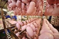 Production of boiled sausages and smoked sausage at a meat factory Royalty Free Stock Photo