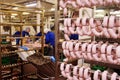 Production of boiled sausages and smoked sausage at a meat factory Royalty Free Stock Photo