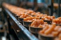 Production of canned fish. Tin cans of fish on the conveyor Royalty Free Stock Photo