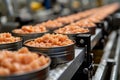 Production of canned fish. Tin cans of fish on the conveyor Royalty Free Stock Photo