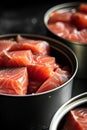 Production of canned fish. Tin cans of fish on the conveyor Royalty Free Stock Photo