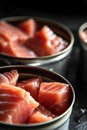 Production of canned fish. Tin cans of fish on the conveyor Royalty Free Stock Photo