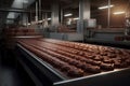 Production of chocolates at the factory, conveyor. Generative AI.