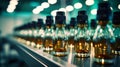 Row of Liquid-Filled Bottles on Shelf. Bottles with medicines on the conveyor. Selective focus. Close-up