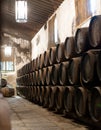 Production of fortified jerez, xeres, sherry wines in old oak barrels in sherry triangle, Jerez la Frontera, El Puerto Santa Maria