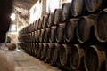 Production of fortified jerez, xeres, sherry wines in old oak barrels in sherry triangle, Jerez la Frontera, El Puerto Santa Maria