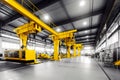 Production hall with large yellow presses for stamping automobile body parts, overhead crane on the ceiling of the hall