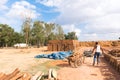 Production of indian bricks. The brick dries, Puttaparthi, Andhra Pradesh, India. Copy space for text.