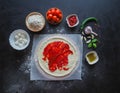 Production of Italian pizza Margarita. Stage of production. Tomato sauce, mozzarella cheese and tomatoes. Royalty Free Stock Photo