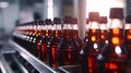 production line in a factory where bottles are being filled with a cola soft drink, signifying an automated manufacturing process