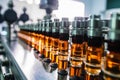 Production line at pharmaceutical factory. Row of amber glass bottles with lids. Biotechnology medicine innovation manufacturing Royalty Free Stock Photo