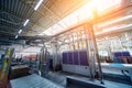 Production line of the wooden floor factory. CNC automatic woodworking machine. Royalty Free Stock Photo