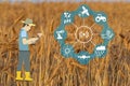 Production with modern farming technologies, a farmer doing agricultural jobs by mobile phone Royalty Free Stock Photo