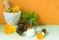 Production of natural cosmetics. Medicinal flowers of calendula, chamomile, mint and herbal tincture. Medicinal herbs. Organic cos
