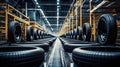 Production of new goods at the factory, modern technologies. Car Tires, Storage Royalty Free Stock Photo