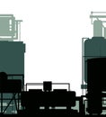 Production plant. Frame composition. Silhouette of objects. Industrial technical equipment. Factory chemical. Isolated