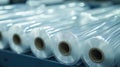 production of rolls of packaging films, factory for the production of rolls of plastic films, conveyor with packaging films, Royalty Free Stock Photo