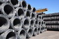 Production of steel in a steel mill - production in heavy industry - depot of steel rolls Royalty Free Stock Photo