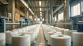 Production of Toilet paper in factory. Toilet paper rolls making machine. Tissue and Kitchen Towels Machine. Long conveyor with Royalty Free Stock Photo