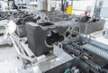 Production of transmissions for agricultural machinery at modern industrial plant or factory close-up