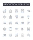 Production workflow line icons collection. Exports, Imports, Tariffs, Partnerships, Importers, Distributors, Global