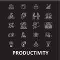 Productivity editable line icons vector set on black background. Productivity white outline illustrations, signs Royalty Free Stock Photo