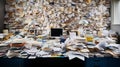 Productivity Hindering Office Desk with Disorganized Paper Stacks and File Folders in Chaos. Royalty Free Stock Photo