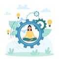 Productivity, office yoga technique for effective work, tiny woman sitting in lotus pose Royalty Free Stock Photo