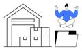 Warehouse, Storage Boxes, Person Meditating, and Digital Folder Organization and Balance Royalty Free Stock Photo