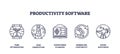 Productivity software icons outline key concepts like time optimization, task ...