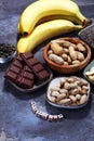Products containing magnesium: bananas, pumpkin seeds, cashew nu Royalty Free Stock Photo