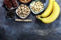 Products containing magnesium: bananas, pumpkin seeds, cashew nu Royalty Free Stock Photo