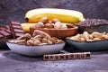 Products containing magnesium: bananas, pumpkin seeds, cashew nu Royalty Free Stock Photo