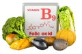 Products containing Vitamin B9, Folic Acid. 3D rendering isolated on white background