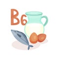 Products containing vitamin B6. Jug of cow milk, chicken eggs and sea fish. Healthy food. Flat vector for poster about