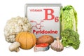 Products containing Vitamin B6, Pyridoxine. 3D rendering