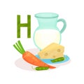 Products containing vitamin H biotin . Green peas, carrot, fresh cheese and jug of milk. Flat vector for poster about