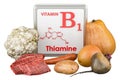 Products containing vitamins B1, Thiamin. 3D rendering Royalty Free Stock Photo