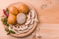 Products for cooking, mushrooms, potatoes, onions, garlic, herbs Royalty Free Stock Photo