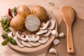 Products for cooking, mushrooms, potatoes, onions, garlic, herbs Royalty Free Stock Photo