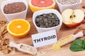 Products and ingredients as source healthy vitamins and minerals. Beneficial eating for thyroid gland