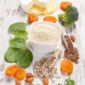 Products and ingredients containing calcium and dietary fiber, healthy nutrition Royalty Free Stock Photo