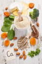 Products and ingredients containing calcium and dietary fiber, healthy nutrition Royalty Free Stock Photo