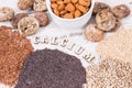 Products and ingredients containing calcium and dietary fiber, healthy nutrition Royalty Free Stock Photo