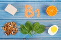 Products and ingredients containing vitamin B1, dietary fiber and natural minerals Royalty Free Stock Photo